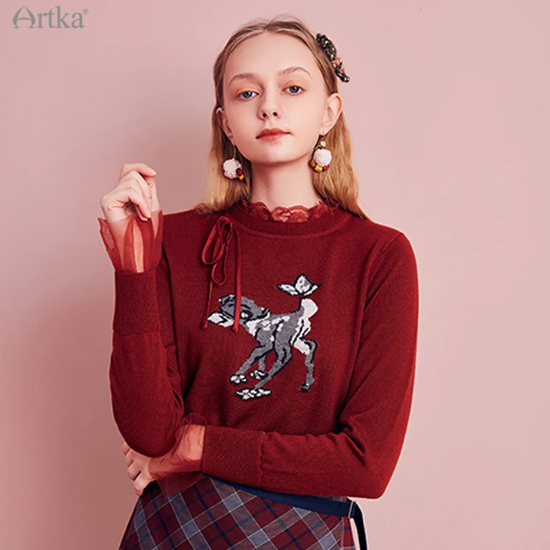 

ARTKA 2020 Winter New Women Sweater Elegant Soft Wool Knitted Sweater Lace O-Neck Pullover Thicken Warm Red Knitwear YB20901D