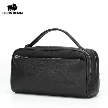 

BISON DENIM Genuine Leather Men Wallet With Coin Pocket Long Double Zipper Wallet Top Handle Clutch Bag Cowskin Purse Men N8148