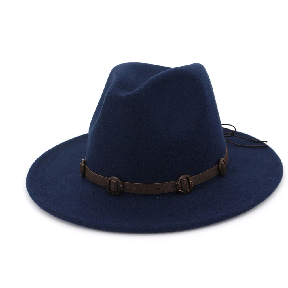 Мужская и Женская шерстяная шляпа Fedora широкая шляпа церковная шляпа Уличная Повседневная шляпа - Цвет: Dark Blue