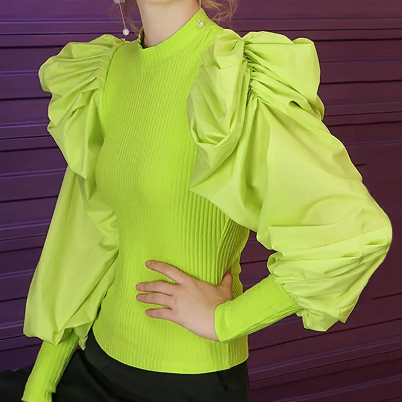 

Autumn Patchwork Knitting Women's Sweaters O Neck Puff Sleeve Ruched Streetwear Female Sweater 2019 Fashion New