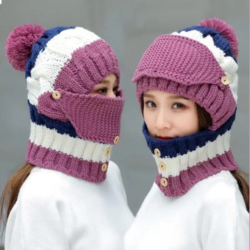 

The new autumn and winter plus velvet hat ladies bib face cover three-piece outdoor cycling windproof ear protection knitted hat