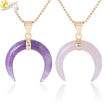 CSJA Natural Stones Crescent Moon Necklaces Pendants Purple Crystal Pink Quartz White Stone Gold Color Reiki Women Jewelry F306