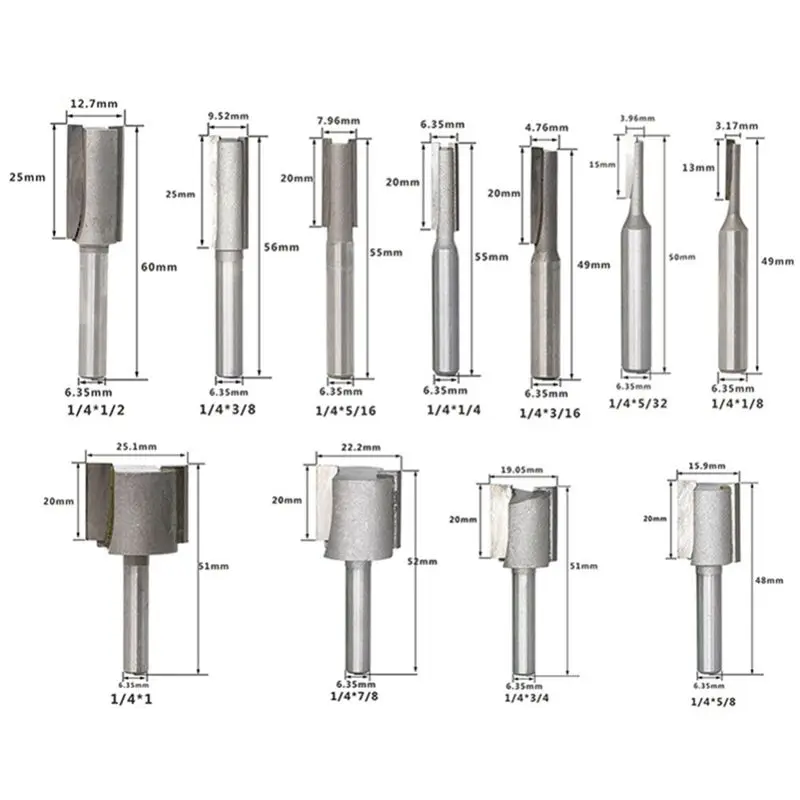11Pcs 1/4 Inch Shank 2 Flute Straight Bit Woodworking Tools Router Bit Carbide Single& Double Edge Cutter 11 Sizes
