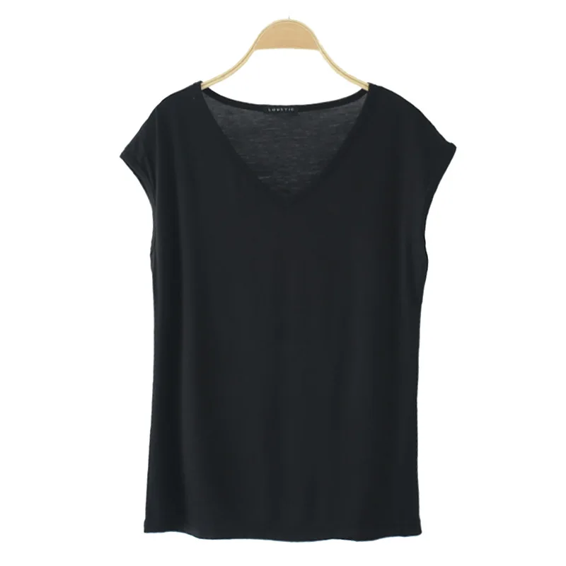 Solid V Neck Basic Tshirt Women summer modal Loose Tee Tops Casual undershirt M to 2XL235_voghion.com