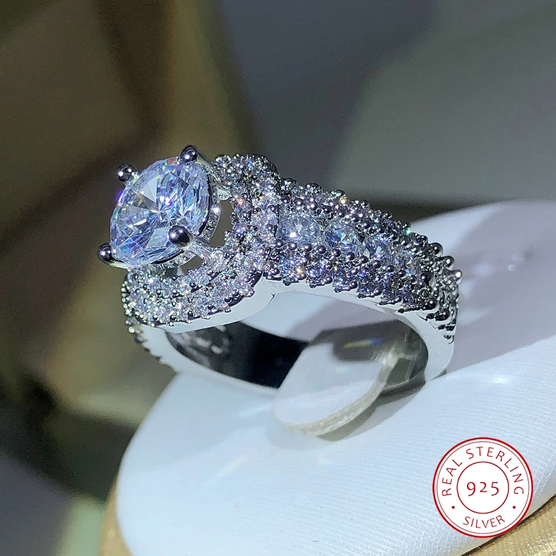 Bague Large Alliance Argent Avec Cristaux Diamant - Taille 57, Occasion