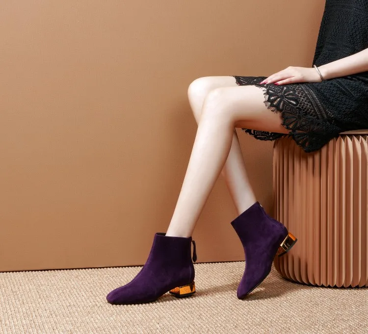 MLJUESE/ г.; женские ботильоны; замшевые женские зимние ботинки фиолетового цвета с квадратным носком на низком плюшевом каблуке; вечерние ботинки; размеры 41