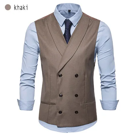 khaki Мужские однотонные костюмные жилеты, повседневные двубортные, без рукавов, осенняя, серая, хаки, синяя, черная одежда для мужчин, A128 - Цвет: khaki