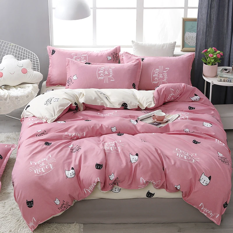

Luxury Bedding Set Pink Cat Bee Cherry Duvet Cover Set Super King Queen Full Twin Size Bed Linen Flat Bed Sheet For Girl Women