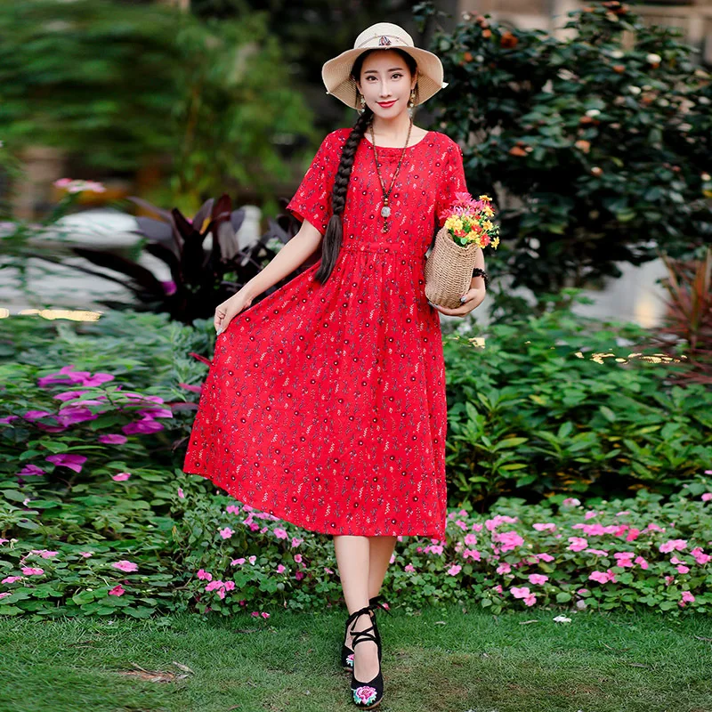 

2019 Summer New Style Ethnic-Style WOMEN'S Dress Vintage Drawstring Frog Long Skirts Loose-Fit Printed Cotton Linen Short-sleeve