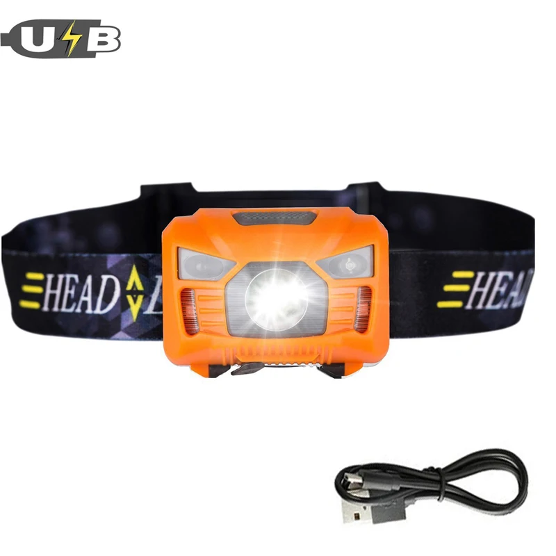 Orange Usb зарядка светодиодный налобный фонарь датчик движения тела мини фары уличный походный фонарик Головной фонарь лампа с usb-кабелем для зарядки - Испускаемый цвет: Orange