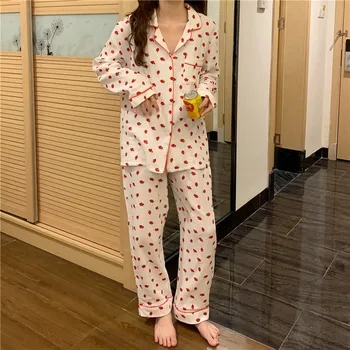 

cute strawberry pajamas set cotton soft women home suit lapel collar pocket long sleeve pants two piece set sleepwaer suit Y096