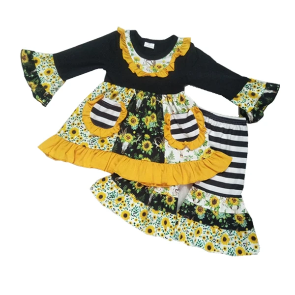 

Toddler Kids Girls Clothes Set Sunflower Long Sleeve Set With Two Packets Ruffle Top+Pants Outfits