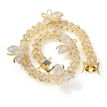 

Hip Hop Iced Out Micro Pave Cubic Zircon Butterfly Cuban Chain Necklace Gold Silver Color Men Women Jewelry Long Necklace