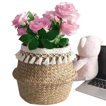 

Handmade Wicker Storage Basket Household Foldable Woven Storage Pot Hanging Decorative Basket Home Decor Planter Flower Pot