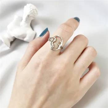 

POFUNUO Real 925 Sterling Silver Women Abstract Women Face Fashion Personalized Rings Female 18K Gold Pure Silver Niche Rings