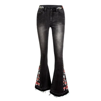 

Embroidery plus size jeans high waist jeans black women clothing 2020 fashion Zipper Fly Full Length Cotton Flare Pants Skinny