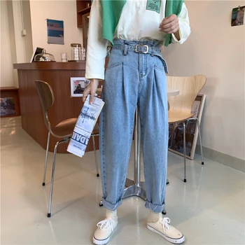 

2020 Korean new High Waist jeans with belt woman Harem pants for women plus size loose fashion jeans ladies denim jean femme