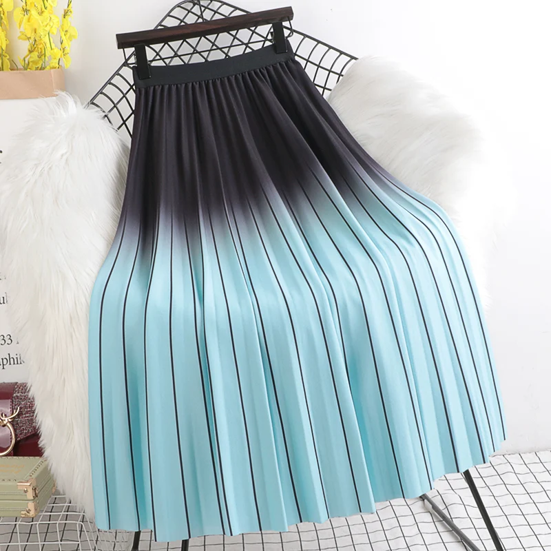 

Women Winter Gradient Print Skirt Long Pleated Elegant Prom Autumn Skirt Female New Year Gift