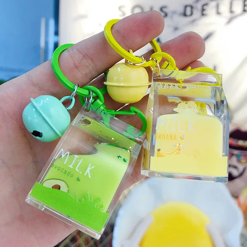 

Creative Dairy Cow Milk Drinks acrylic Keychain Fruit Milk Moving Liquid Keyrings decompression drift bottle Jewelry Kids Gifts