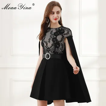 

MoaaYina Fashion Designer dress Spring Summer Women's Dress Belt Lace Patchwork Black Dresses