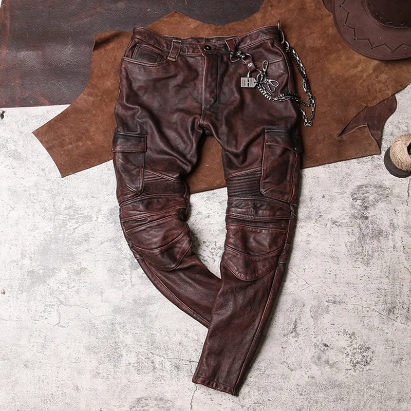 US $195.51 2021 Vintage Brown Men Bikers Leather Trousers Large Size XXXXL Genuine Cowhide Autumn Slim Fit Motorcycle Leather Pants