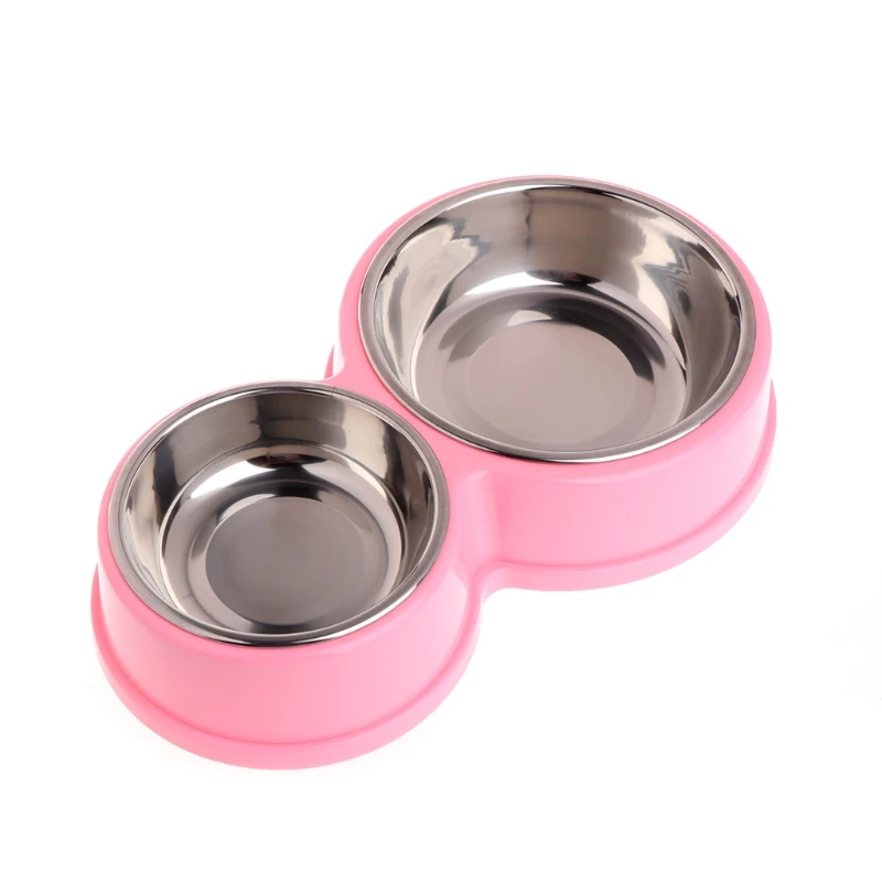 pink Пластиковая двойная миска для кошачьего корма, миски для еды из нержавеющей стали, противоскользящая Фидер для кормления домашних животных, контейнер для воды для собак - Цвет: pink