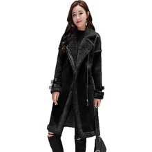 Модный замшевый Топ, кожаный женский, длинный рукав, однотонная шерсть, лоскутное пальто средней длинны, Новая зимняя женская черная теплая парка
