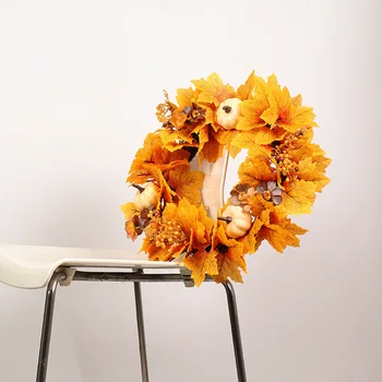 

45cm Pumpkin Artificial Wreath Autumn Maple Leaf Garland Halloween Festival Decor Fake Simulation Wreath Elegant Home Decor