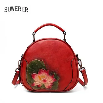 

SUWERER New Women Genuine Leather Bags Real Cowhide Leather Embossed bag luxury handbags women bags Fashion Round bag