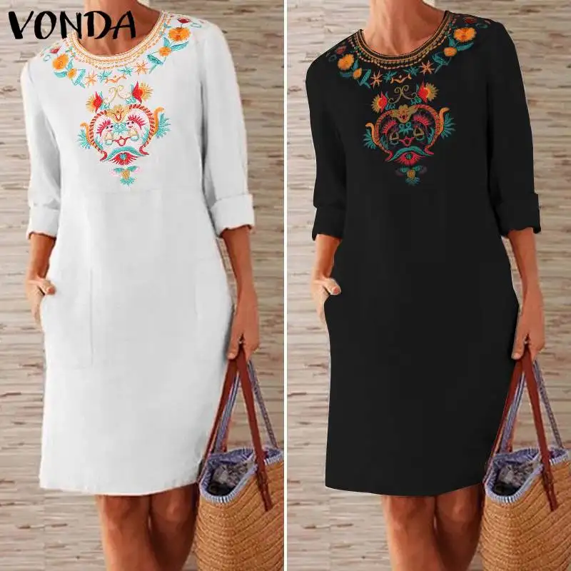 Женский пляжный сарафан VONDA, винтажное повседневное хлопковое мини-платье с принтом, туника в богемном стиле, Vestidos, элегантное женское платье с круглым вырезом
