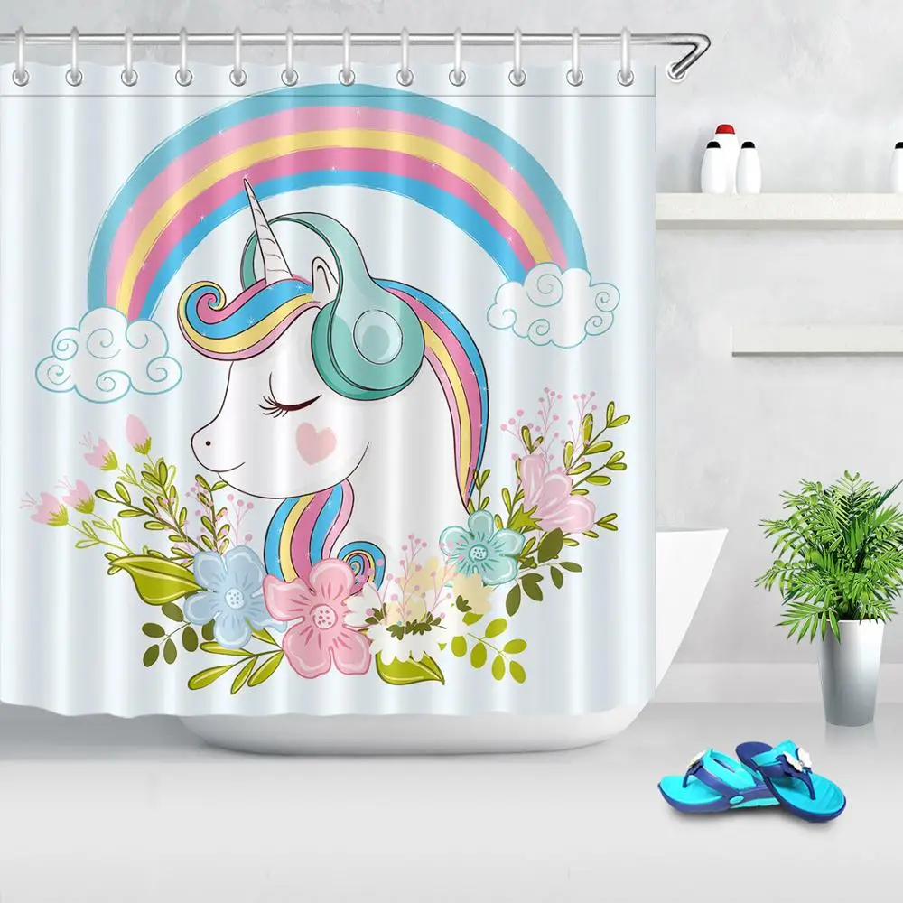 Cute Unicorn with Flowers Cartoon Shower Curtains Polyester Waterproof