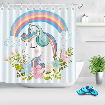 

Cute Unicorn with Flowers Cartoon Shower Curtains Polyester Waterproof Fabric Bath Curtain Home Bathroom Decor Bathtub Curtains