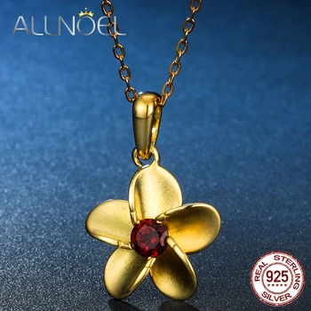 

ALLNOEL 925 Sterling Silver Natural Garnet White Zircon Flower Pendant Necklace Gold Color Fashion Ladies Jewelry Lovely Gift