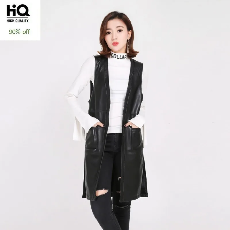 

2020 Spring Sheep Leather Vest Real Leather Solid Black Pockerts Overcoats Sheepskin Natural Long Jackets Sleeveless Outwear