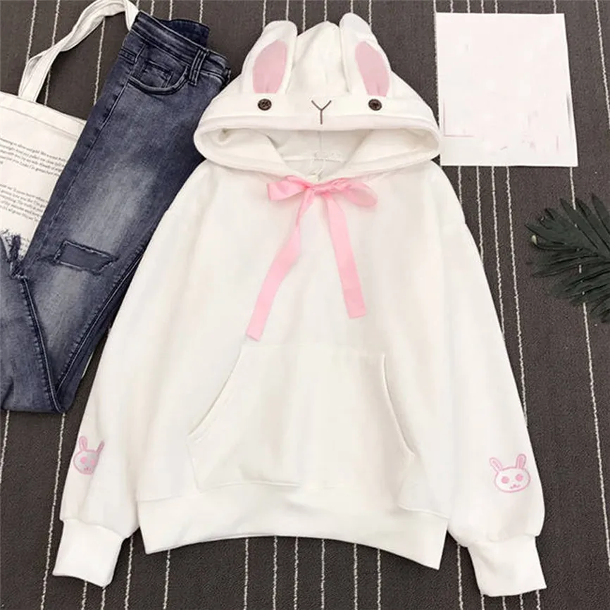 Толстовки женские модные Kawaii толстовка с заячьими ушками топ с капюшоном Блузка с длинным рукавом Свободная Толстовка Женская Толстовка