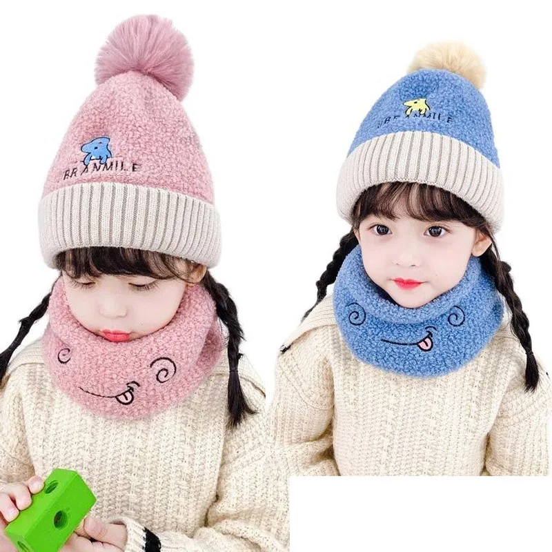 

Doitbest Little dinosaur Children Winter hat beanies sets knitting Acrylic Kids Child Knitted fur hats 2 pcs boy girl scarf set