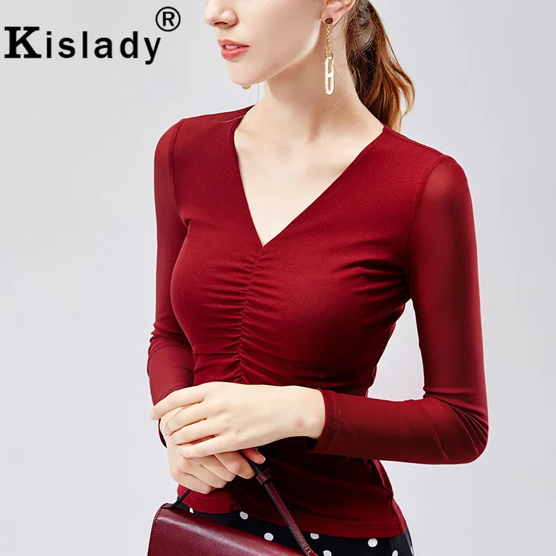 Kislady, осень, женские сексуальные футболки с v-образным вырезом, тянущиеся, плиссированные, OL, тонкие, облегающие, топы размера плюс, готическая одежда