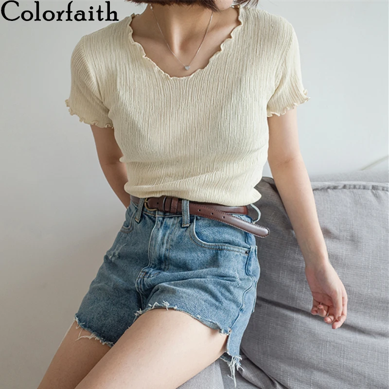 Colorfaith новинка 2020 женские летние футболки одноцветные приталенные повседневные