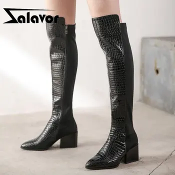 

ZALOVER Genuine Leather Over The Knee Boots Ladies Winter Pointed Toe Block Heel Boots Side Zipper Footwear Size 34-39