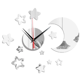 

Mute Clock Star Moon Wall Clock Mirror Sticker Home Bedroom Living Room Decoration