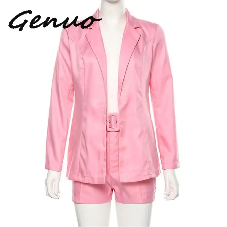 Элегантный офисный женский костюм размера плюс, короткие штаны, женский пиджак, блейзер, топ с высокой талией, мини шорты, костюмы, повседневная рабочая одежда, комплект из 2 предметов - Цвет: pink1
