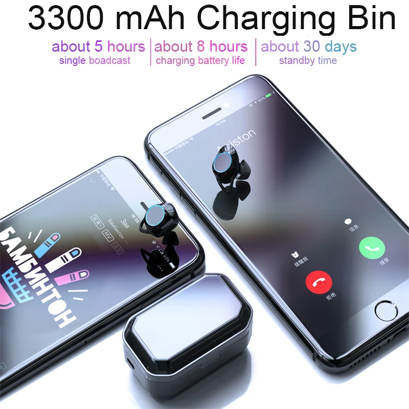 2019 9D Stereo Earphone Wireless Earphones TWS 5.0 Bluetooth IPX7 Waterproof Earphones 3300mAh LED Smart Power Bank Phone Holder