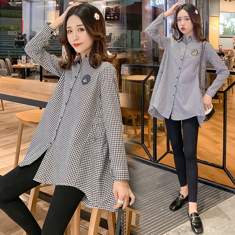 

Spring And Autumn New Style Plaid Shirt Dress Maternity Clothes Front Short Long Back Platycodon Grandiflorum Slimming