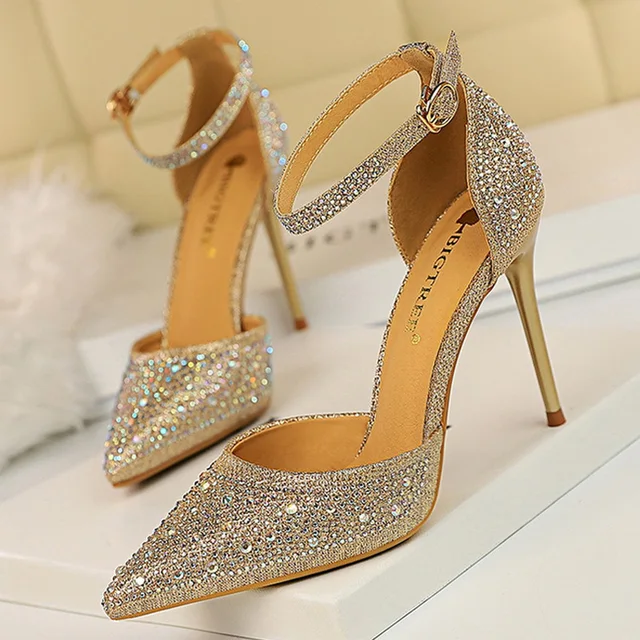 Туфли-лодочки BIGTREE женские, блестящие туфли на высоких каблуках со стразами, на шпильке 10 см, свадебная обувь 1