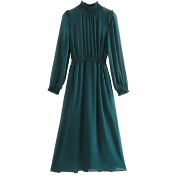 

VomVoa 2020 spring new female ladies temperament retro commute wild comfortable small pleated midi solid color dress