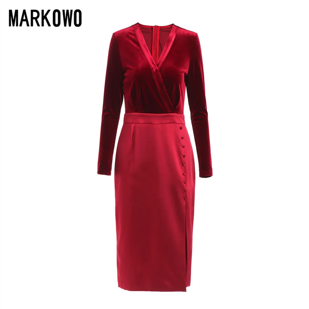 

MARKOWO Desinger Brand 2022Autumn and winter new temperament sexy split fork high waist was thin bag hip velvet stitching dress
