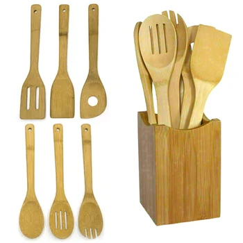

Cuchara De Cocina 6Pcs/set Bamboo Long Handle Spoon Kitchen Utensil Cooking Tools Mixing Kitchen Kit