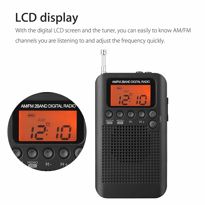 New Dual Bands AM FM Pocket Stereo Radio Extended Antenna Receiver with Headphone Digital LCD Display Radios 3 5mm Earplug
