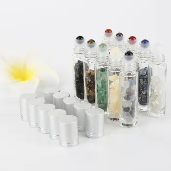 

10 pieces Natural Gemstone Roller Ball Bottle 10ml Essential Oil Roll Bottle Thick Glass With Crystal Chips Travel Bottles