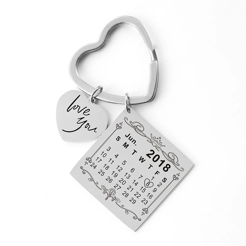 Персонализированный Календарь-брелок календарь выделенный с сердцем Дата брелок Золото Нержавеющая сталь частный пользовательский фото текст Дата - Цвет: H Silver 2 Only Text